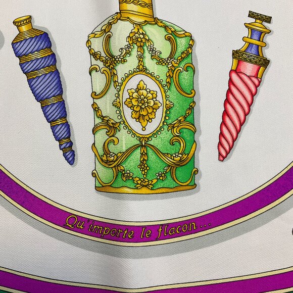 Hermes Green Multi Qu'Importe Le Flacon Print Square Silk Twill Scarf - Picture 7 of 11